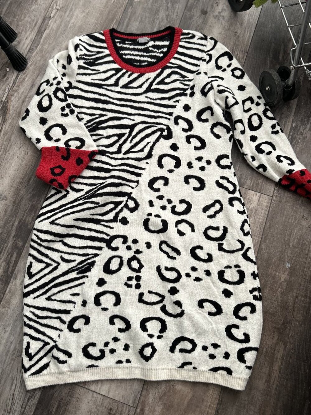 Venus Animal Print Sweater Dress - XL Black White & Red New